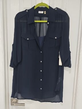 DKNY Navy Sheer Longline Button-Up Tunic w/Camisole